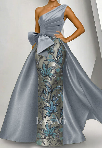 Floor-Length 3D-Floral Sequined Satin Pleated Formal Mother of the Bride Dress with Overskirt