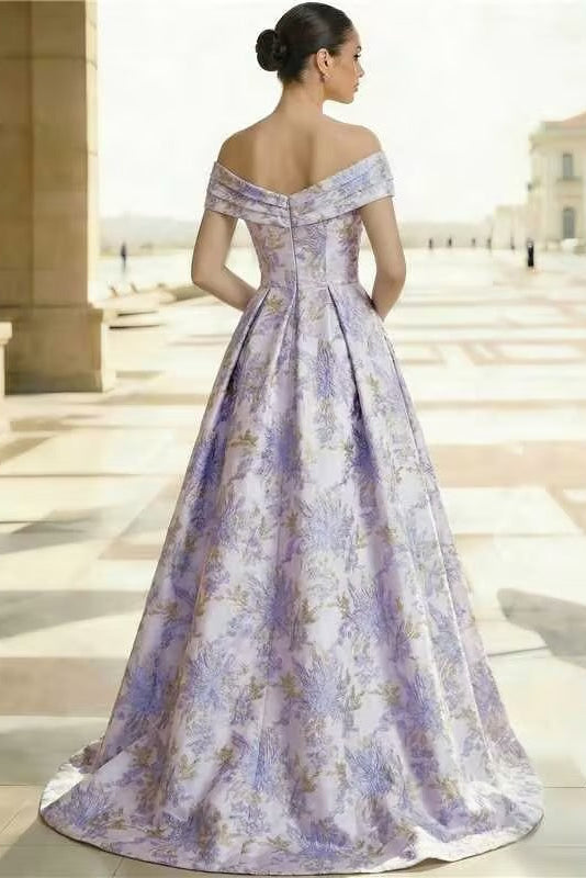 Bateau-Neck Off-Shoulder Sleeveless Floor-Length Jacquard Satin Pleated Mermaid Evening Dress