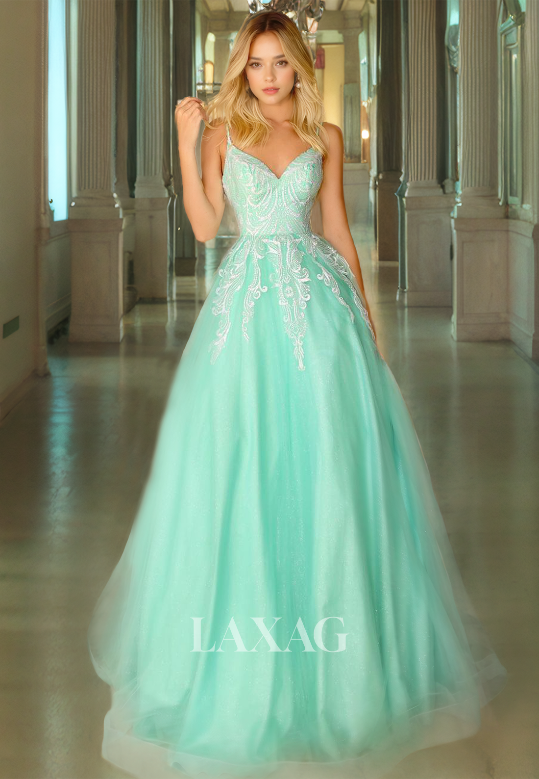 Elegant Lace Tulle Floor Length Prom Gown V-Neck Mint Green A-Line Quinceanera Dress