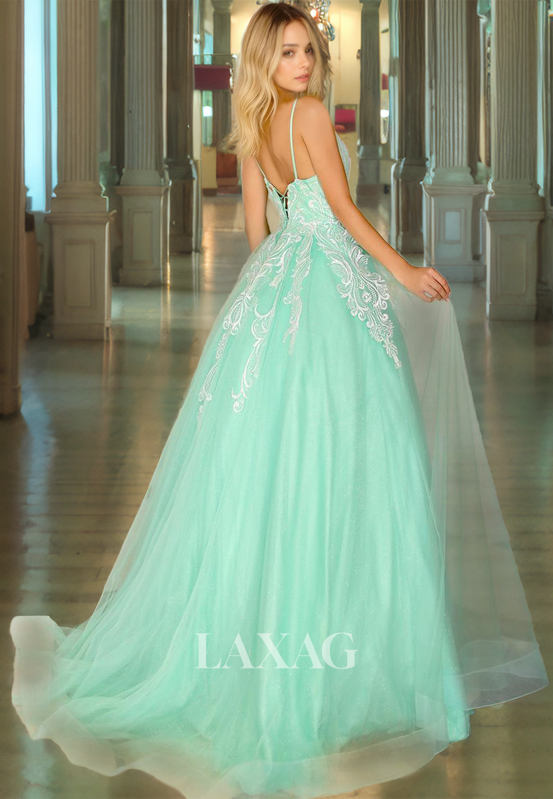 Elegant Lace Tulle Floor Length Prom Gown  V-Neck Mint Green A-Line Quinceanera Dress