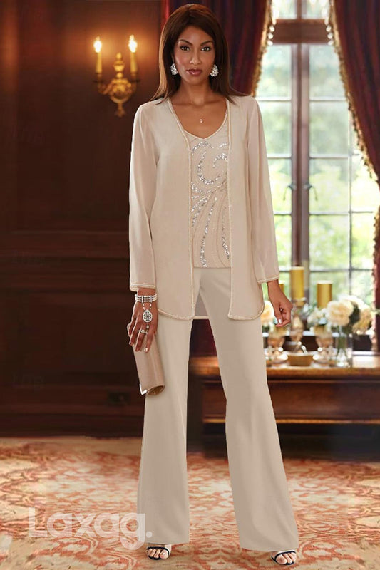 22482 - Elegant Three-Piece Suit Round Appliques Floor-Length Chiffon Mother Of the Bride Dress