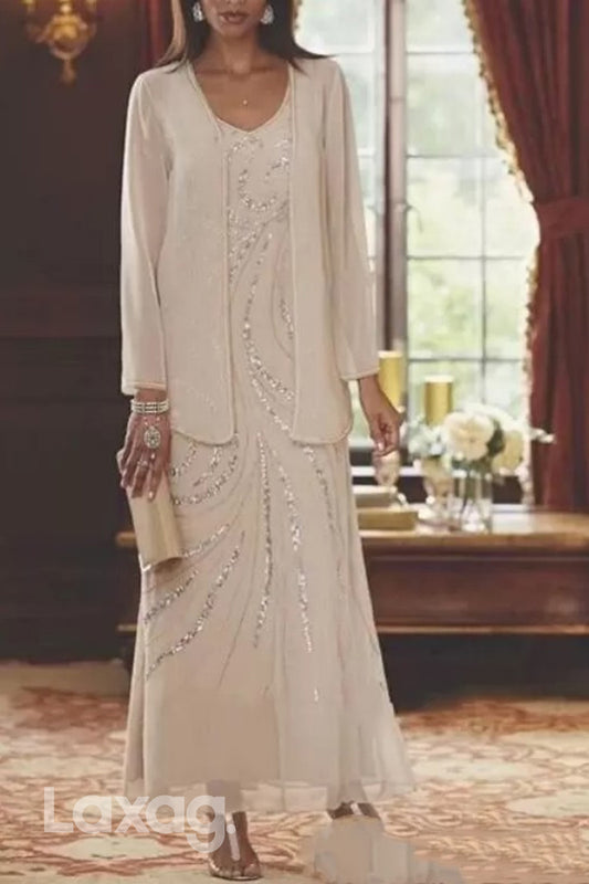 22503 - Elegant Two-Piece Suit Appliques Ankle-Length Chiffon Mother Of the Bride Dress