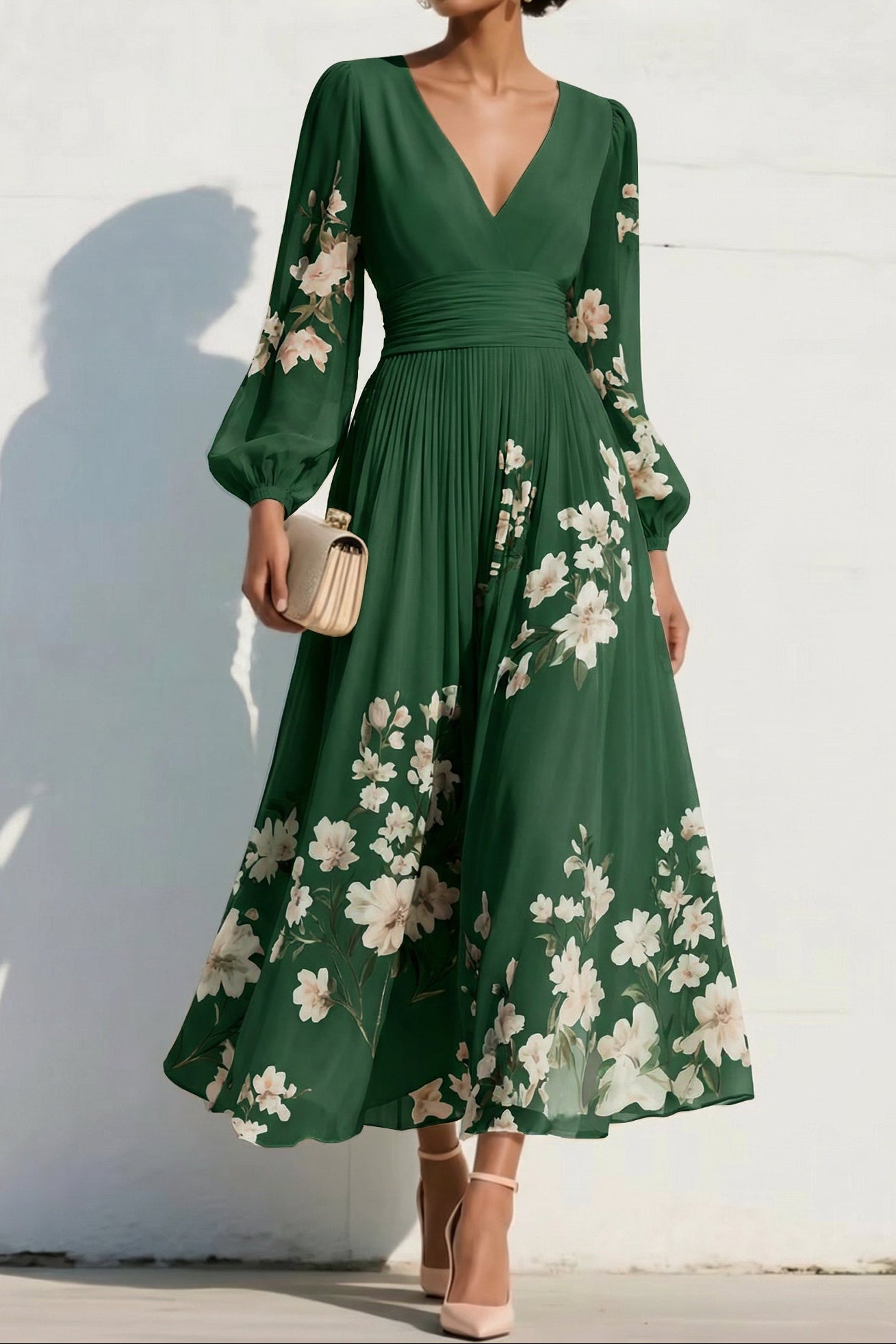 V-Neck Long-Sleeves Print-Chiffon Pleated Tea-Length A-Line Mother of the Bride Dress