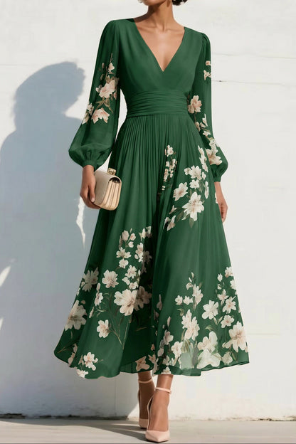V-Neck Long-Sleeves Print-Chiffon Pleated Tea-Length A-Line Mother of the Bride Dress