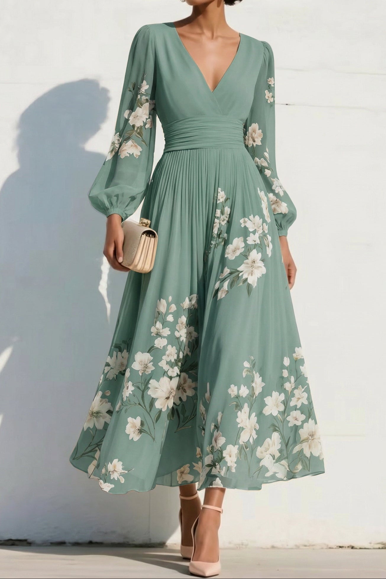 V-Neck Long-Sleeves Print-Chiffon Pleated Tea-Length A-Line Mother of the Bride Dress