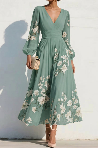 V-Neck Long-Sleeves Print-Chiffon Pleated Tea-Length A-Line Mother of the Bride Dress