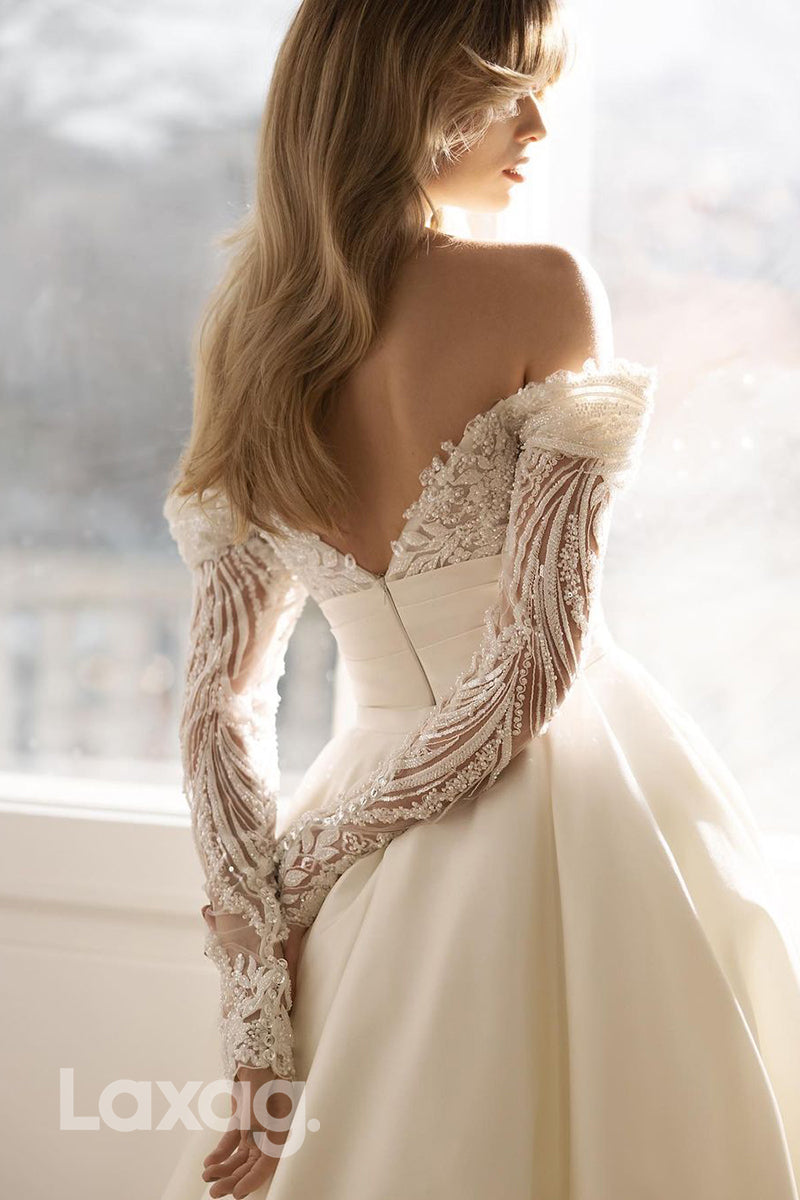 12512 - Off-Shoulder V-Neck Detachable Sweep Lace Beaded Wedding Dress