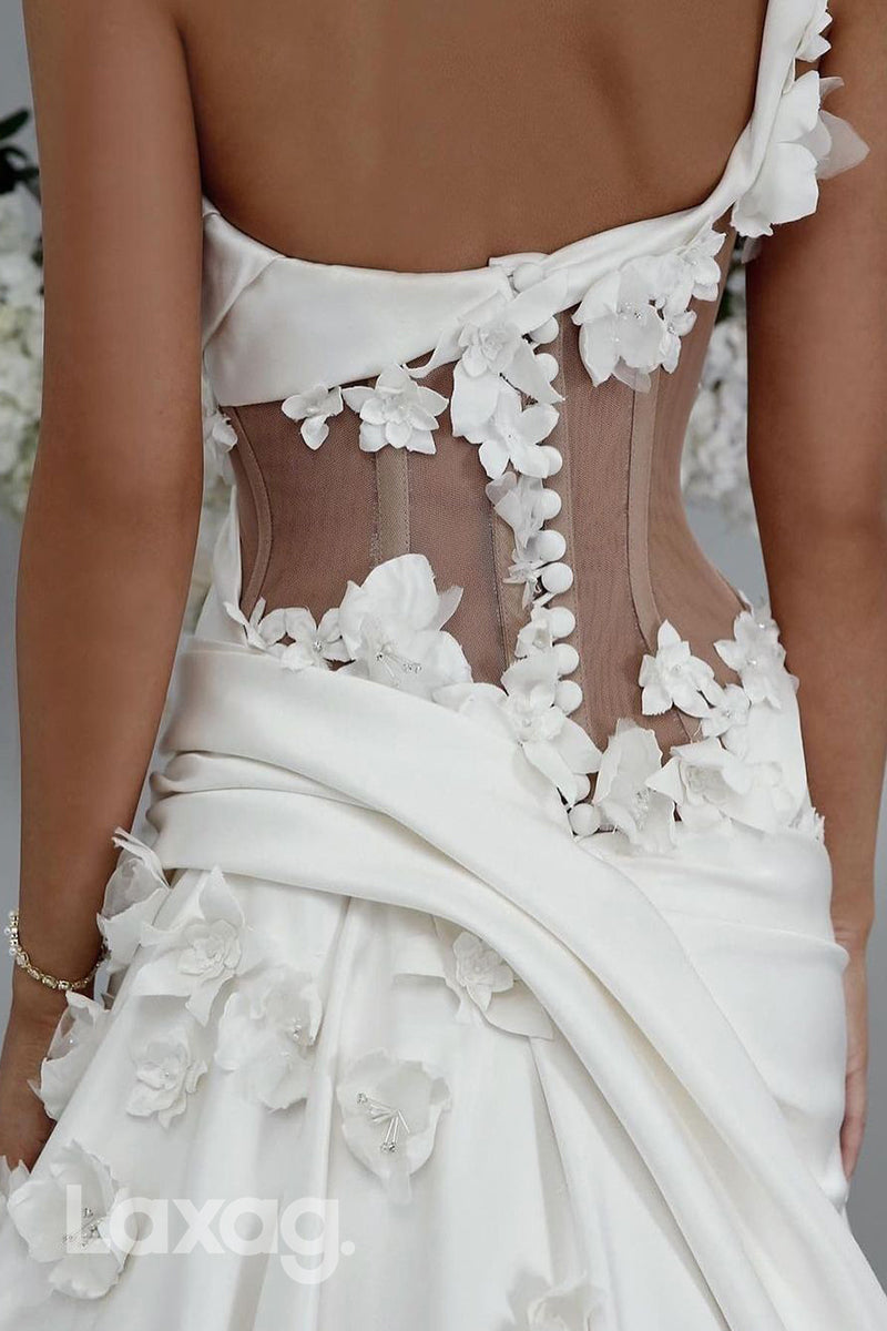 15535 - Asymmetrical Sheer Appliques Draped Long Wedding Dress