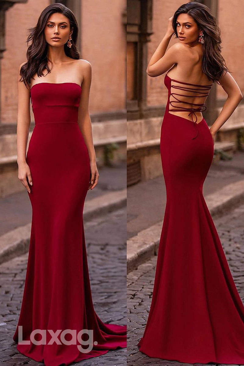 14754 - Red Open Back Strapless Mermaid Prom Evening Dress
