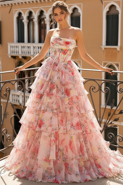 Tube Top Sleeveless Floor-Length Print-Chiffon Pleated Ruffled Tiered A-Line Prom Dress