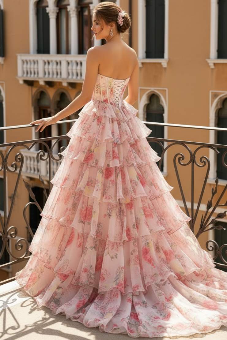 Tube Top Sleeveless Floor-Length Print-Chiffon Pleated Ruffled Tiered A-Line Prom Dress