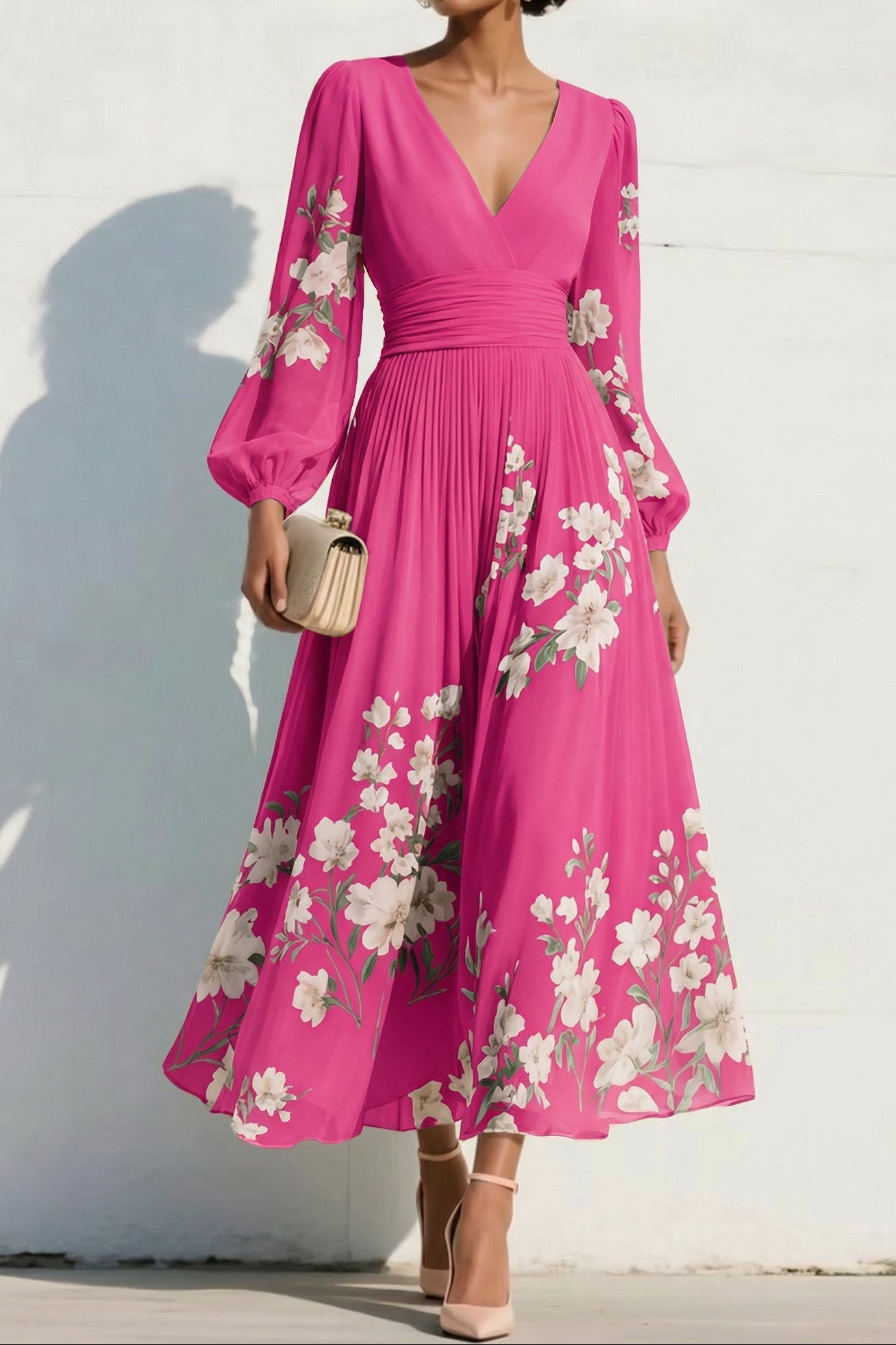 V-Neck Long-Sleeves Print-Chiffon Pleated Tea-Length A-Line Mother of the Bride Dress