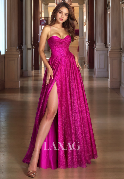 Classy Sparkly A-Line Prom Dress with High Slit Sweetheart Glitter Elegant Formal Evening Dresses