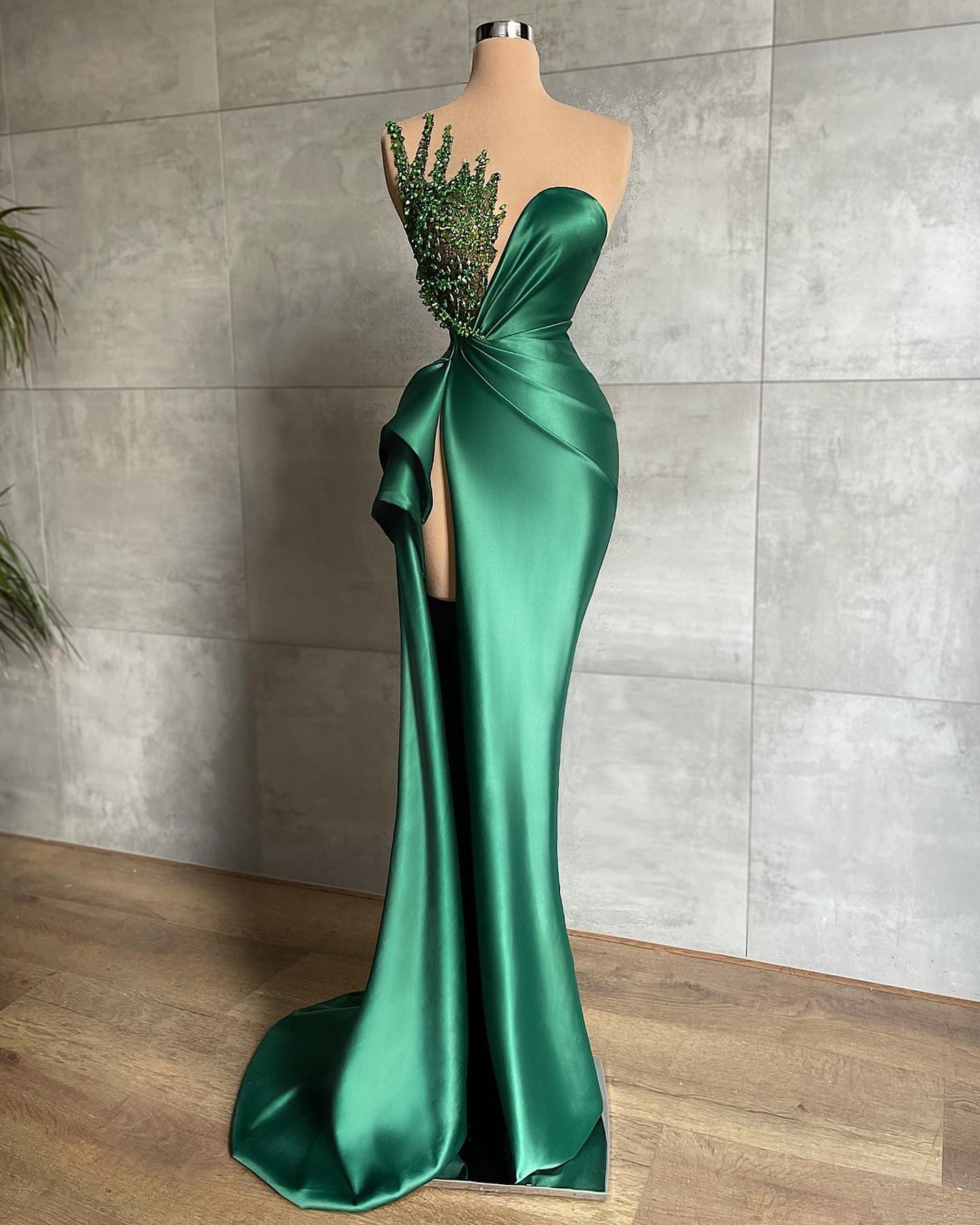 Off-Shoulder Asymmetrical-Neck Sleeveless Beaded Pleated Satin Mermaid Prom Dress