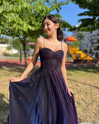A-Line Spaghetti Straps Off-Shoulder Sleeveless Glitter Glitter Tulle Tulle Formal Prom Dress