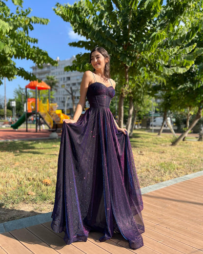 A-Line Spaghetti Straps Off-Shoulder Sleeveless Glitter Glitter Tulle Tulle Formal Prom Dress