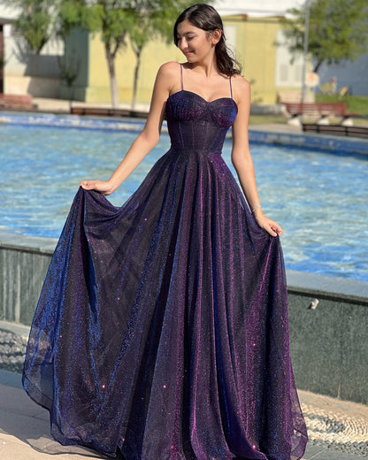 A-Line Spaghetti Straps Off-Shoulder Sleeveless Glitter Glitter Tulle Tulle Formal Prom Dress