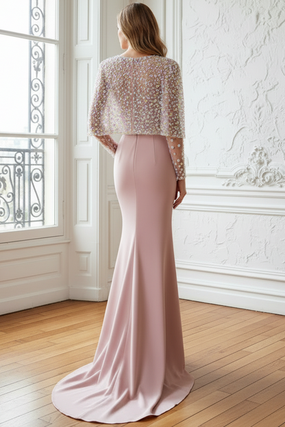 Deep V-Neck Long-Sleeves Sequined Applique Tule&Satin Mermaid Evening Dress