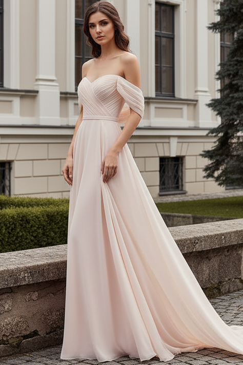 Sweetheart Off-Shoulder Sleeveless Chiffon Pleated Sweep Train A-Line Evening Dress