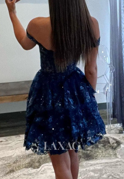 A-Line Off-Shoulder Sleeveless Lace Appliques Sequins Tiered Party Homecoming Dress