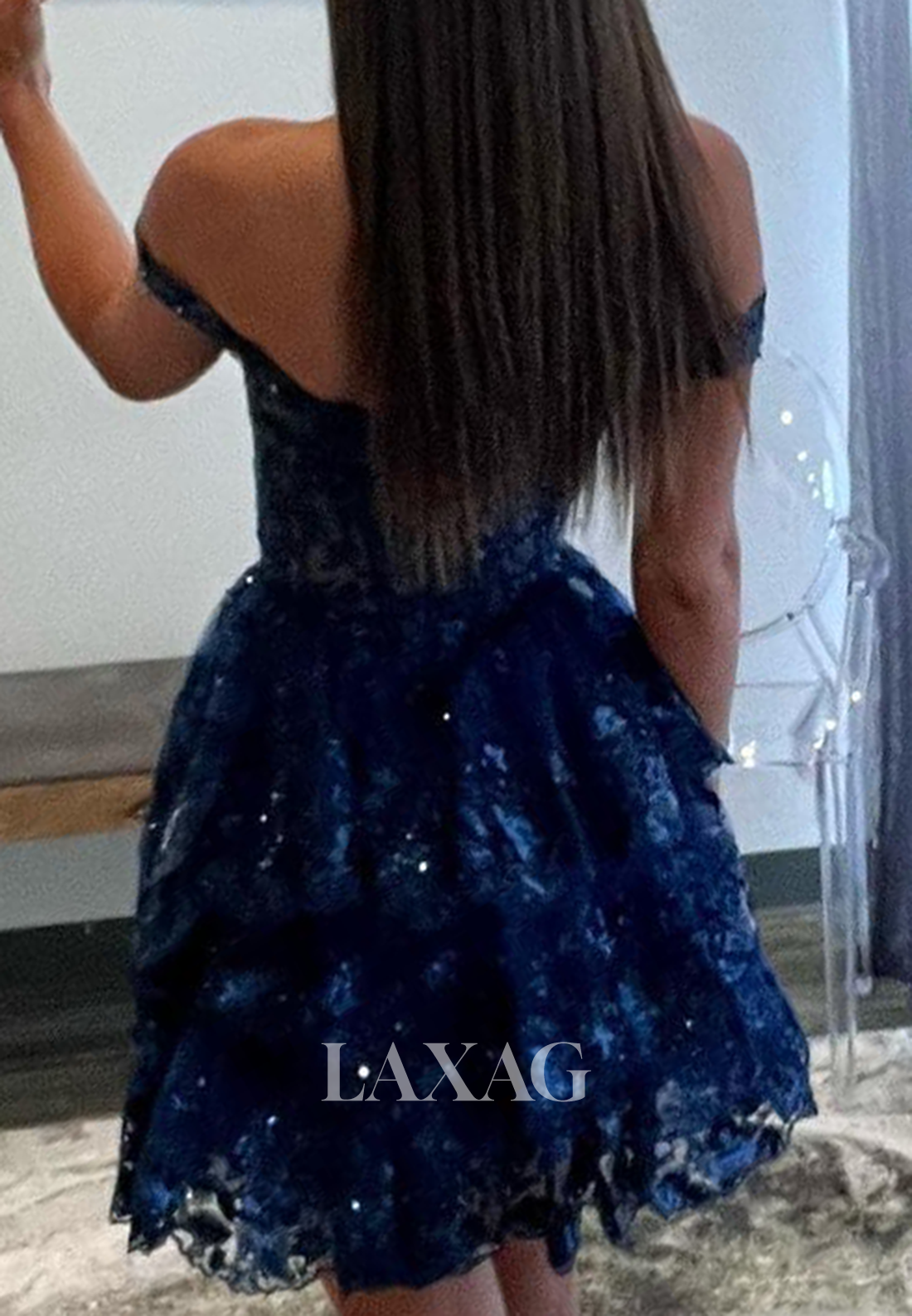 A-Line Off-Shoulder Sleeveless Lace Appliques Sequins Tiered Party Homecoming Dress