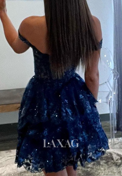 A-Line Off-Shoulder Sleeveless Lace Appliques Sequins Tiered Party Homecoming Dress