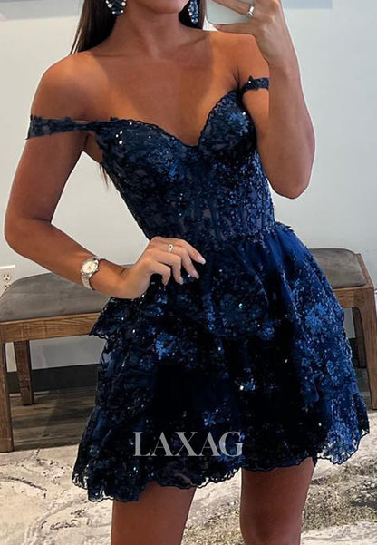 A-Line Off-Shoulder Sleeveless Lace Appliques Sequins Tiered Party Homecoming Dress