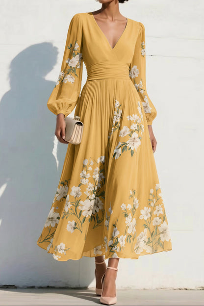 V-Neck Long-Sleeves Print-Chiffon Pleated Tea-Length A-Line Mother of the Bride Dress