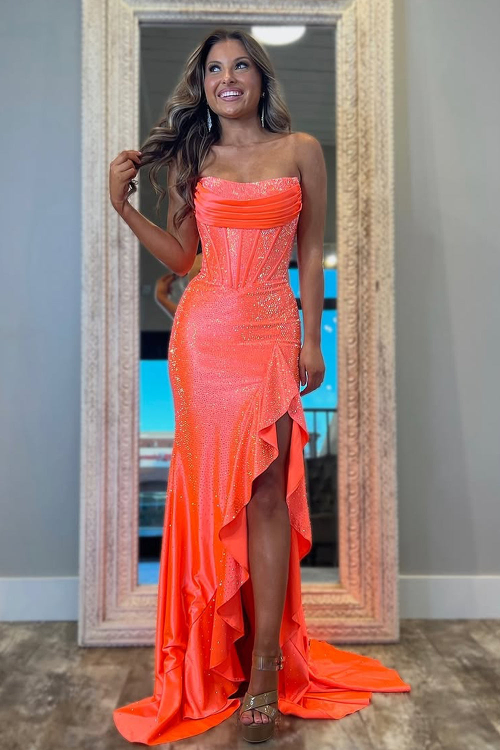 Tube Top Sleeveless Pleated Satin Party Gowns Off-Shoulder Fully Beaded Mermaid Prom Dress with Slit