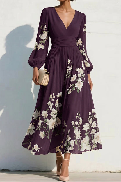 V-Neck Long-Sleeves Print-Chiffon Pleated Tea-Length A-Line Mother of the Bride Dress