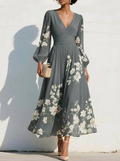 V-Neck Long-Sleeves Print-Chiffon Pleated Tea-Length A-Line Mother of the Bride Dress