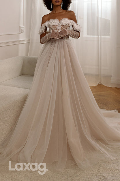 15663 - A Line Off Shoulder 3D Flowers Beach Wedding Dress