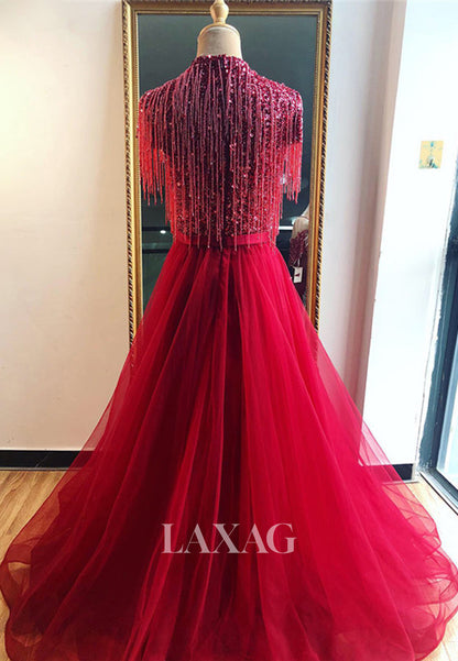 Unique High-Neck Cap-Sleeves Sequins Beaded Pleated Tulle A-Line Formal Evening Dress