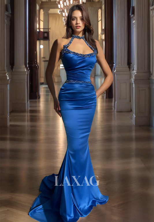 Beaded Halter-Neck Sleeveless Mermaid Prom Dress Pleated with Sweep Train Satin Formal Evening Gowns