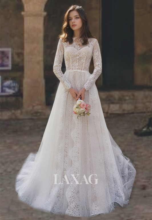 Ornate High-Neck Long Sleeves A-Line Weeding Dress Allover Lace Cutout with Train Bridal Gowns