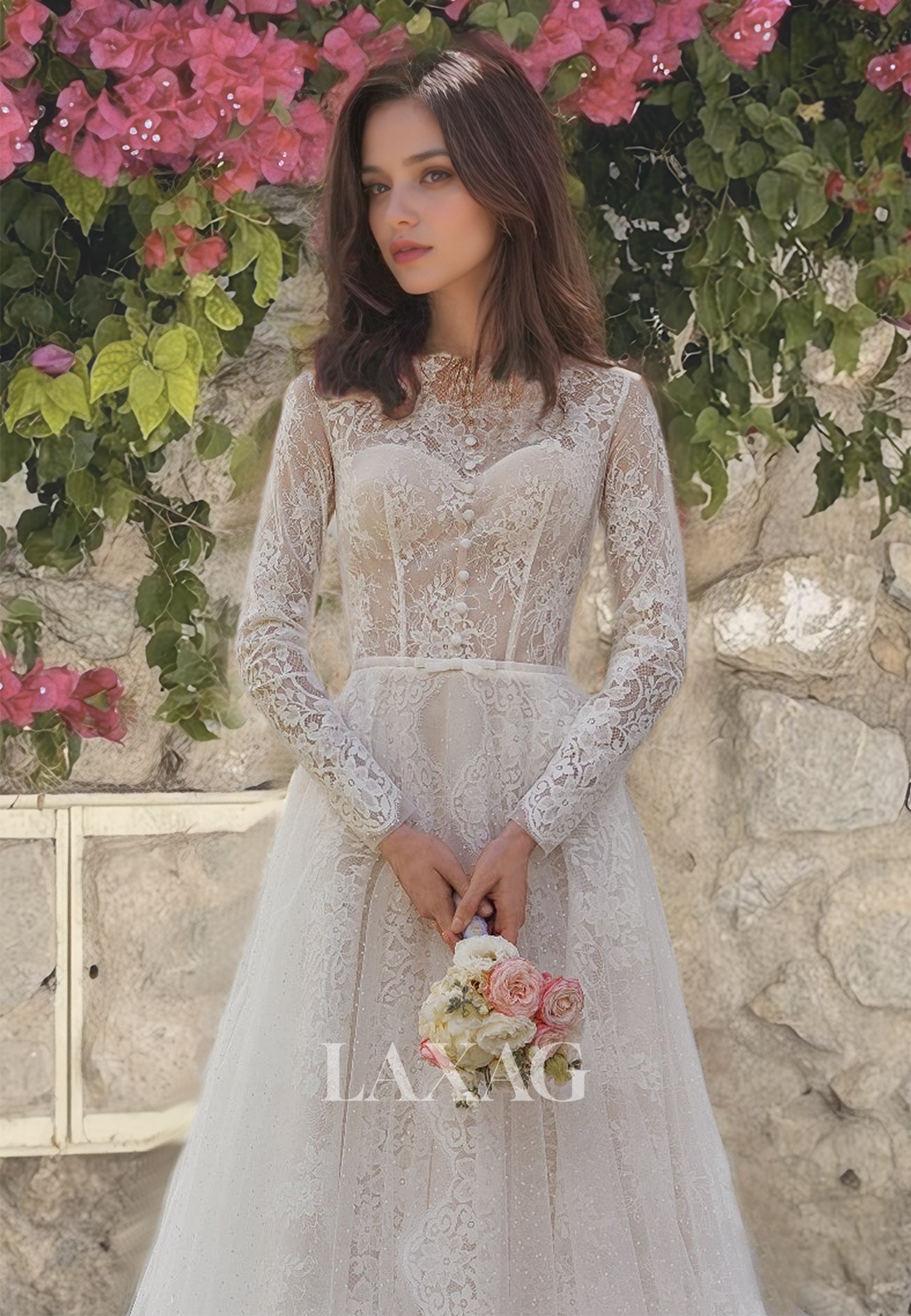 Ornate High-Neck Long Sleeves A-Line Weeding Dress Allover Lace Cutout with Train Bridal Gowns