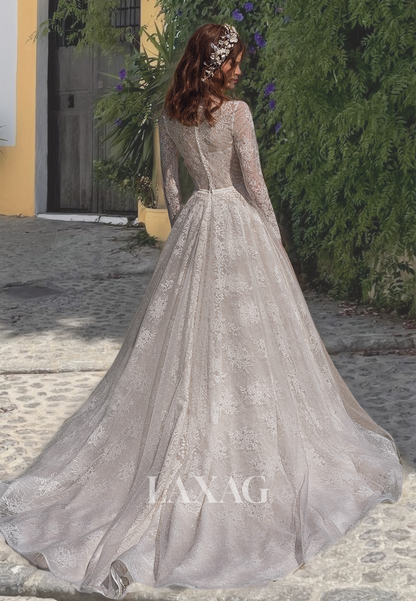 Ornate High-Neck Long Sleeves A-Line Weeding Dress Allover Lace Cutout with Train Bridal Gowns