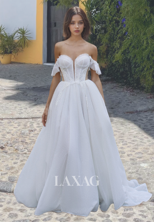 Sweetheart A-Line Wedding Dress Sleeveless Beaded Allover Lace Bridal Gowns with Train