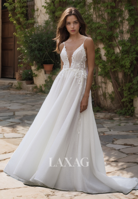 Spaghetti Straps Deep V-Neck A-Line Wedding Dress Allover Lace with Beaded and Applique Bridal Dress