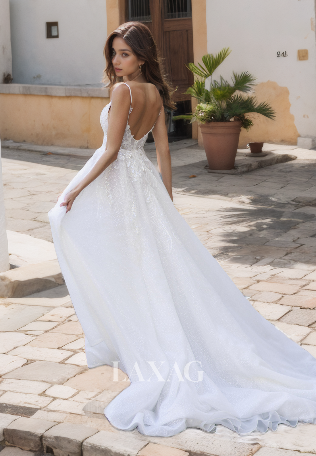 Spaghetti Straps Deep V-Neck A-Line Wedding Dress Allover Lace with Beaded and Applique Bridal Dress