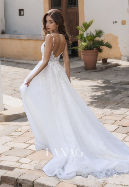 Spaghetti Straps Deep V-Neck A-Line Wedding Dress Allover Lace with Beaded and Applique Bridal Dress