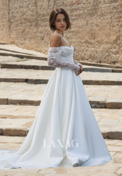 Tube Top Lace Half-Sleeves A-Line Bridal Gowns Pleated and Sequined Satin Wedding Dress Tube Top Lace Half-Sleeves A-Line Bridal Gowns Pleated and Sequined Satin Wedding Dress