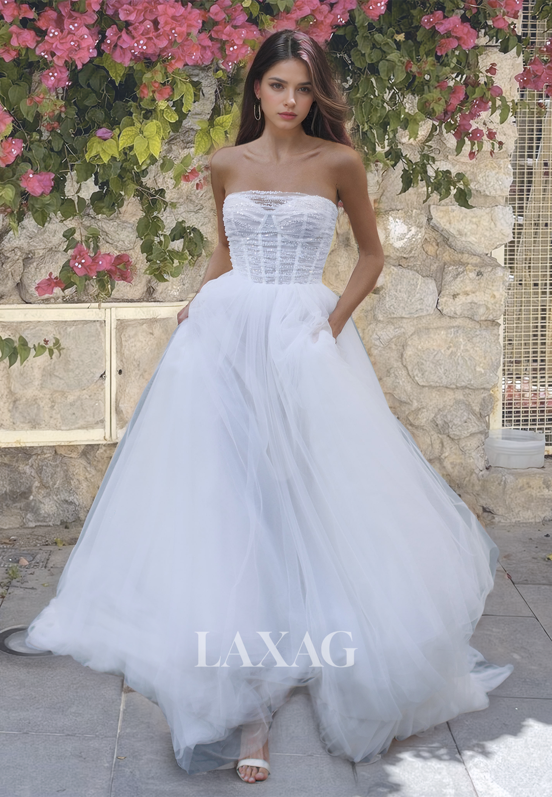 Sweetheart Sleeveless Beaded A-Line Bridal Dress Off-Shoulder Pleated Tulle Wedding Dress with Train