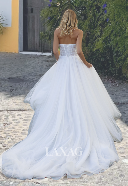 Sweetheart Sleeveless Beaded A-Line Bridal Dress Off-Shoulder Pleated Tulle Wedding Dress with Train