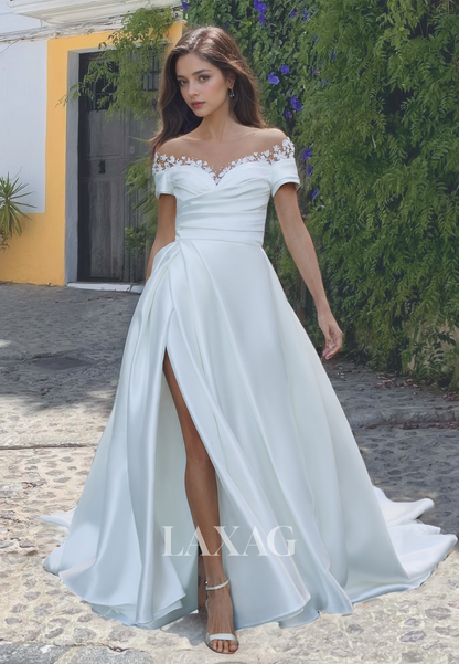 Sweetheart with Beaded and Applique A-Line Wedding Dress Pleated Slit with Train Bridal Gowns