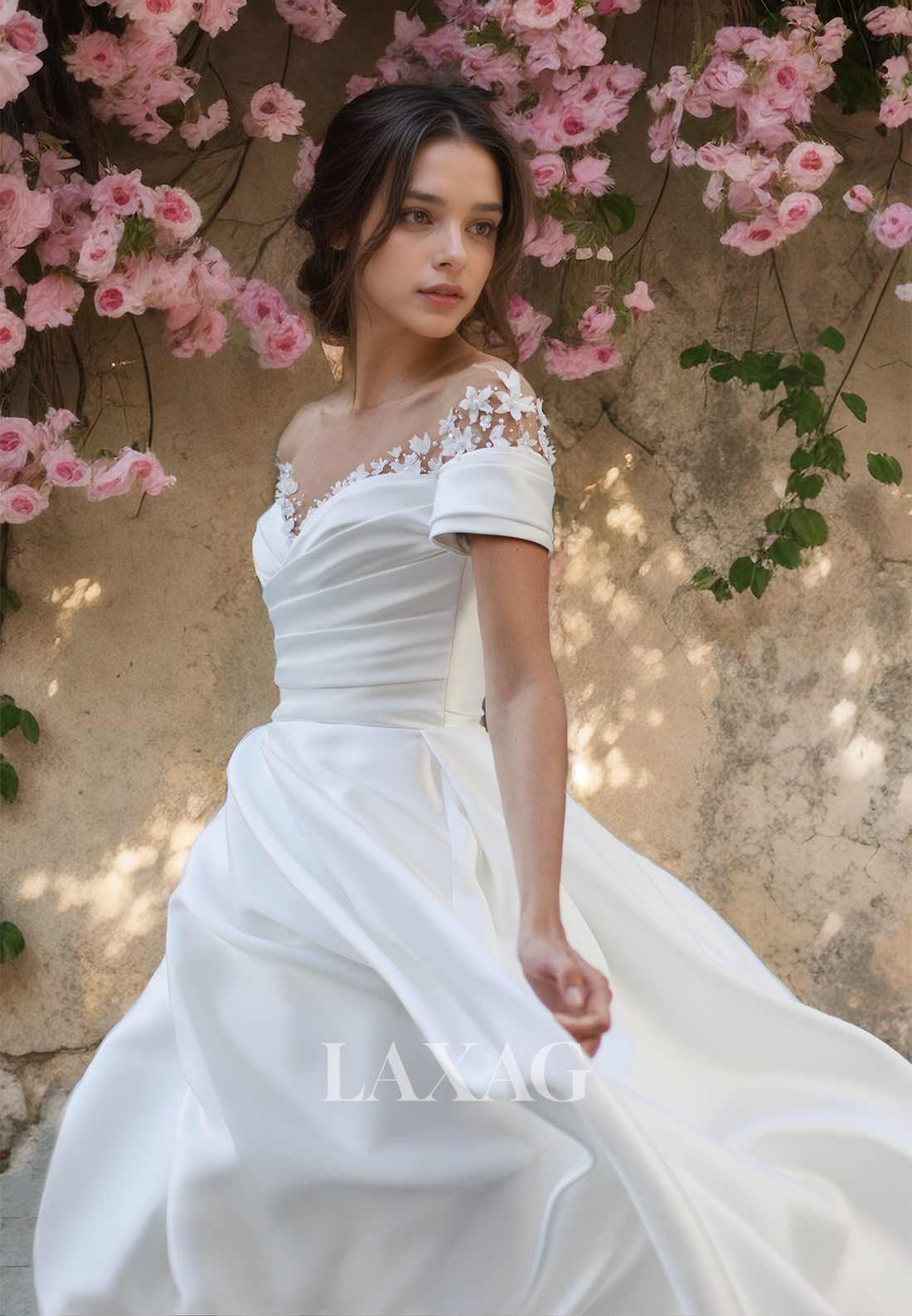 Sweetheart with Beaded and Applique A-Line Wedding Dress Pleated Slit with Train Bridal Gowns