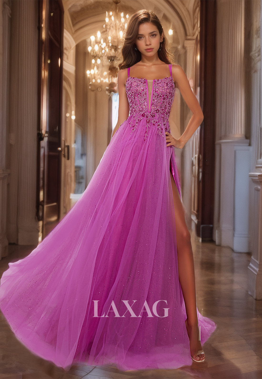 Scoop-Neck Off-Shoulder Sleeveless Applique Party Dress Spaghetti Straps Glitter-Knit A-Line Prom Gowns