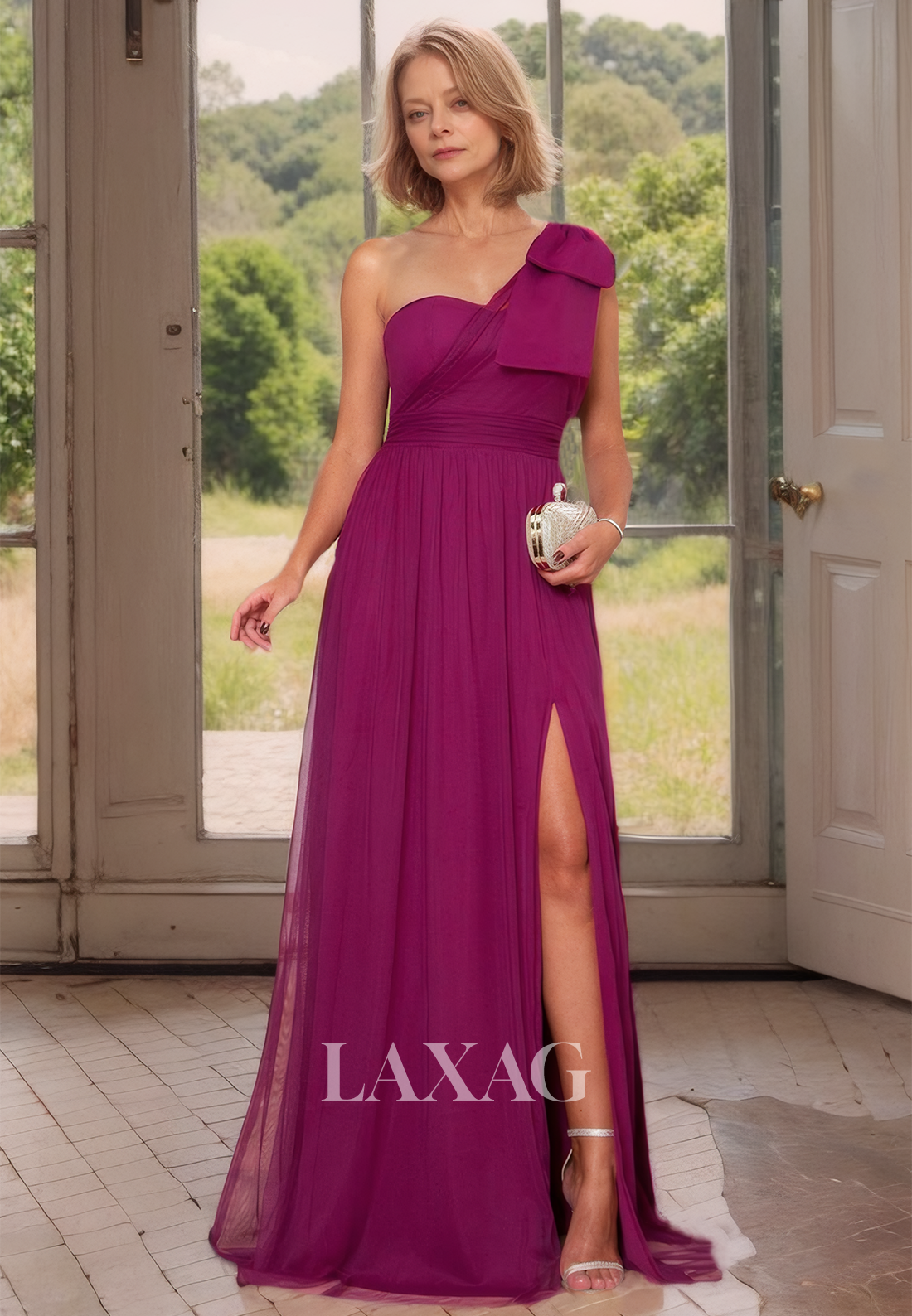 Asymmetrical-Neck Sleeveless A-Line Mother of the Bride Dress Pleatrd Slit with Train Coctail Dress