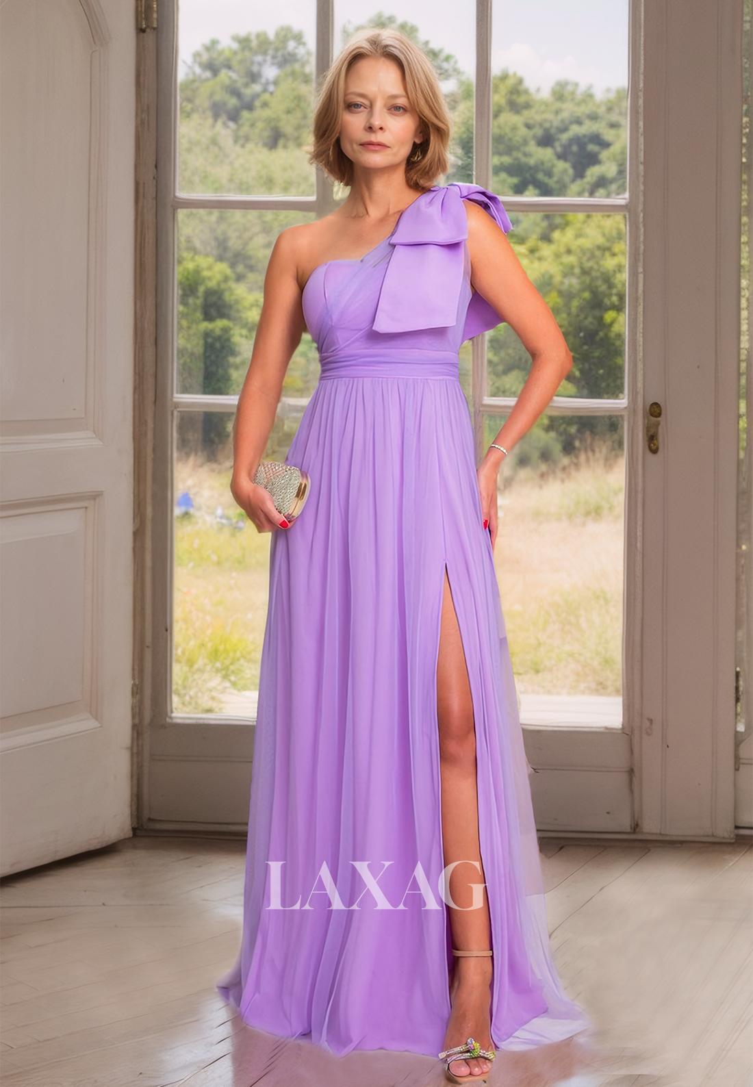 Asymmetrical-Neck Sleeveless A-Line Mother of the Bride Dress Pleatrd Slit with Train Coctail Dress