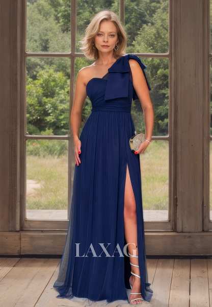 Asymmetrical-Neck Sleeveless A-Line Mother of the Bride Dress Pleatrd Slit with Train Coctail Dress